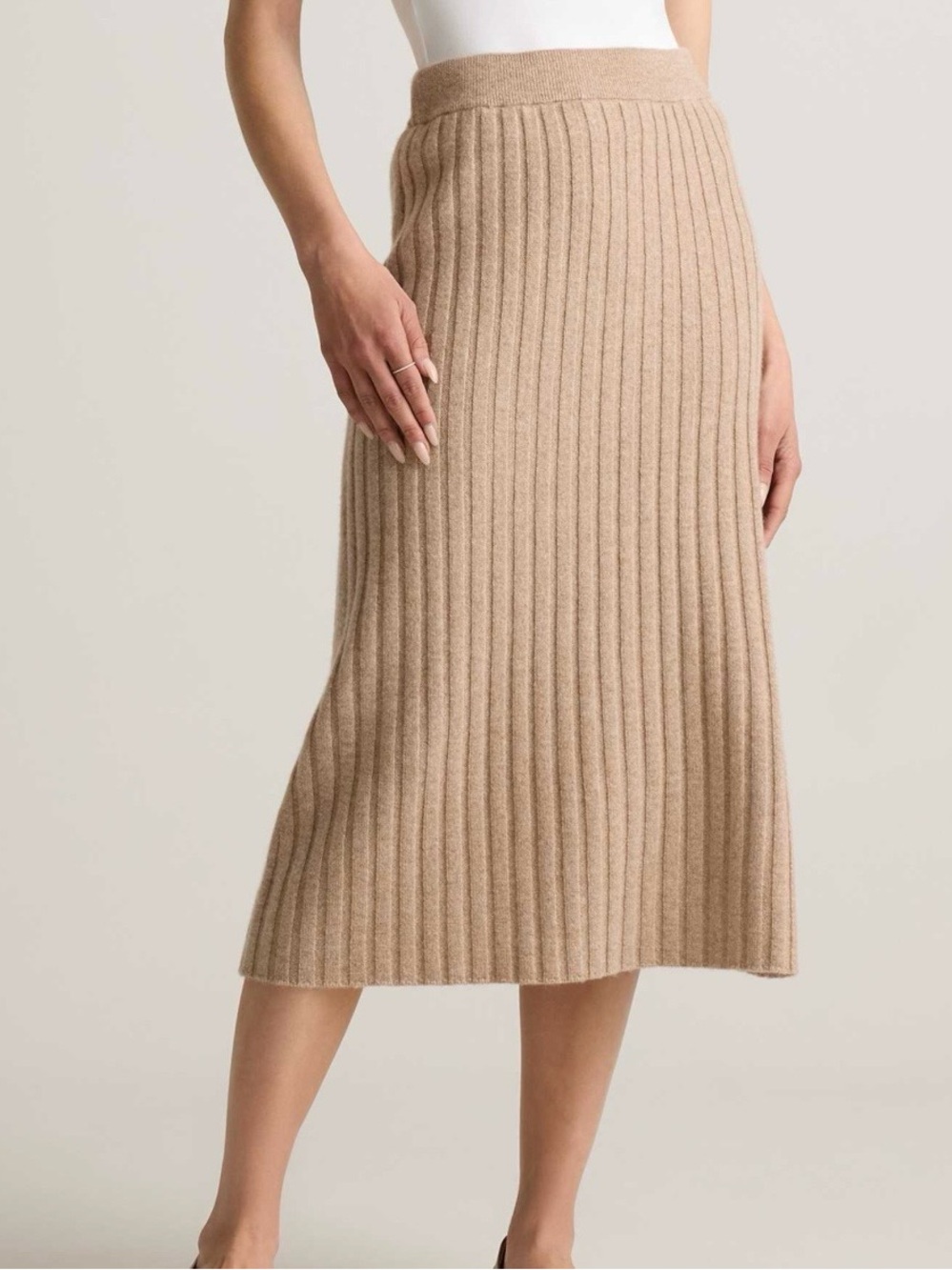 NWOT QUINCE  100% Mongolian Cashmere Ribbed Midi Skirt  XS Tan Beige